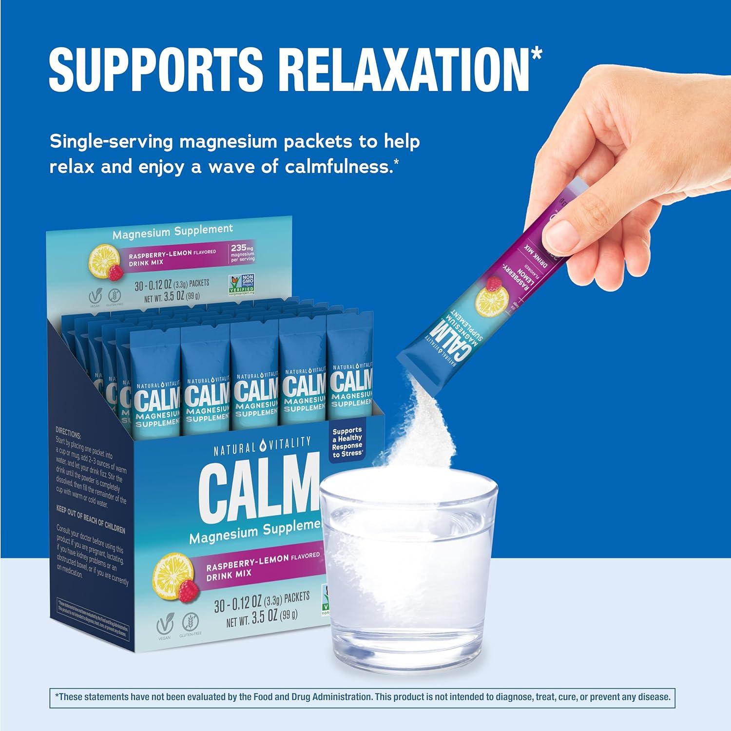 image:imageNatural Vitality Calm Magnesium 16oz Powder Raspberry Lemon Flavored Supplement NonGMO Vegan amp Gluten Free FormulaCalm Raspberry Lemon Packets