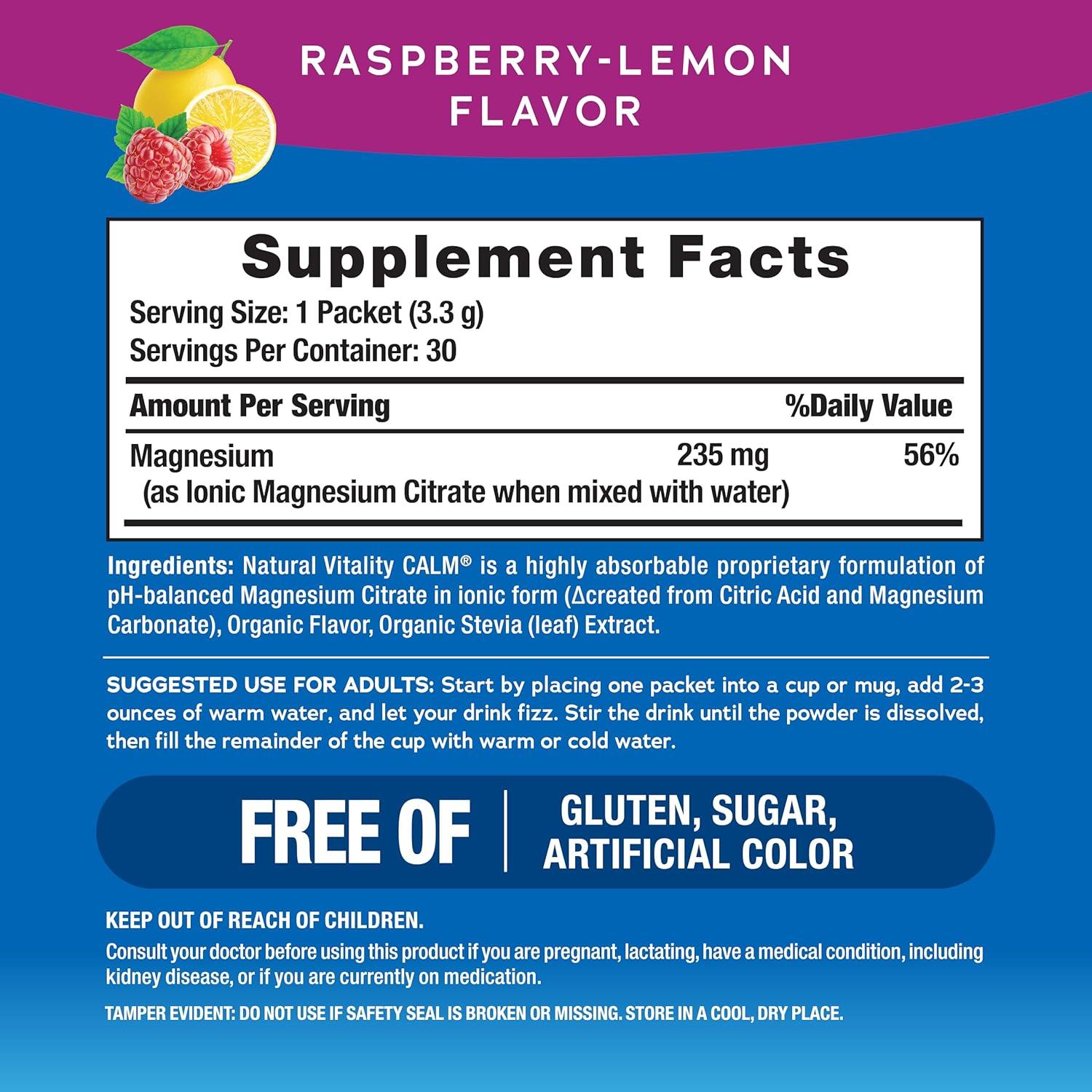 image:imageNatural Vitality Calm Magnesium 16oz Powder Raspberry Lemon Flavored Supplement NonGMO Vegan amp Gluten Free FormulaCalm Raspberry Lemon Packets