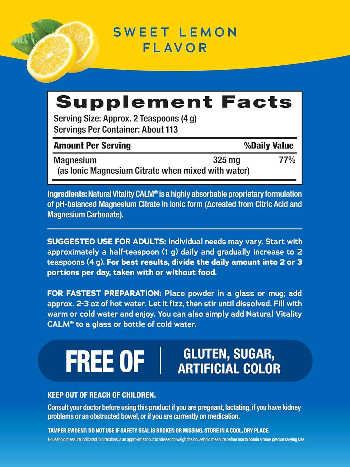 image:imageNatural Vitality Calm Magnesium Citrate Supplement AntiStress Drink Mix Powder Gluten Free Vegan amp NonGMO Orange 16 ozLemon