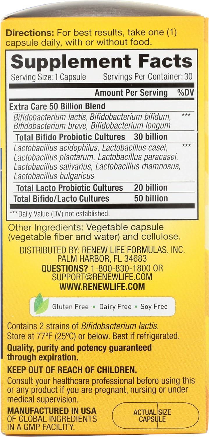 image:imageRenew Life Extra Care Digestive Probiotic Capsules 50 Billion CFU Guaranteed Daily Supplement Supports Immune Digestive Respiratory Health1 L Rhamnosus GG Dairy Soy and GlutenFree 30 Count50 Billion CFU