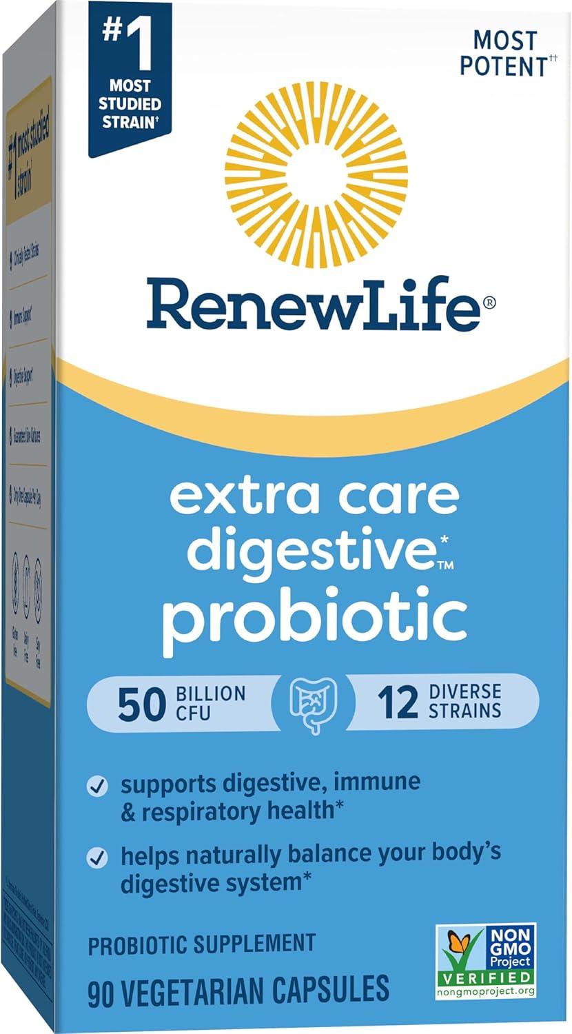 image:imageRenew Life Extra Care Digestive Probiotic Capsules 50 Billion CFU Guaranteed Daily Supplement Supports Immune Digestive Respiratory Health1 L Rhamnosus GG Dairy Soy and GlutenFree 30 Count50 Billion CFU