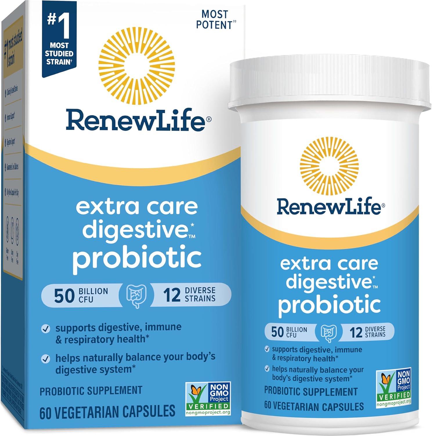 image:imageRenew Life Extra Care Digestive Probiotic Capsules 50 Billion CFU Guaranteed Daily Supplement Supports Immune Digestive Respiratory Health1 L Rhamnosus GG Dairy Soy and GlutenFree 30 Count50 Billion CFU