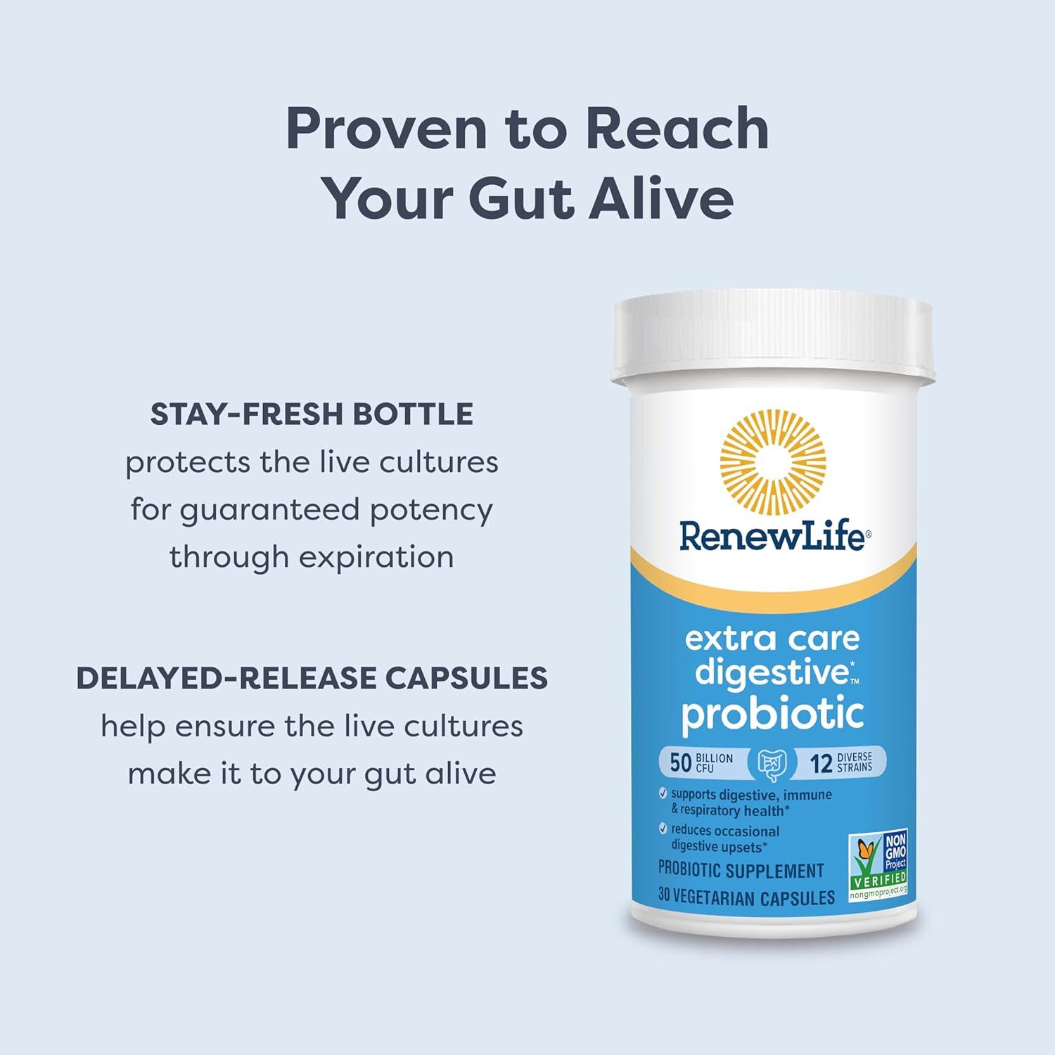 image:imageRenew Life Extra Care Digestive Probiotic Capsules 50 Billion CFU Guaranteed Daily Supplement Supports Immune Digestive Respiratory Health1 L Rhamnosus GG Dairy Soy and GlutenFree 30 Count50 Billion CFU