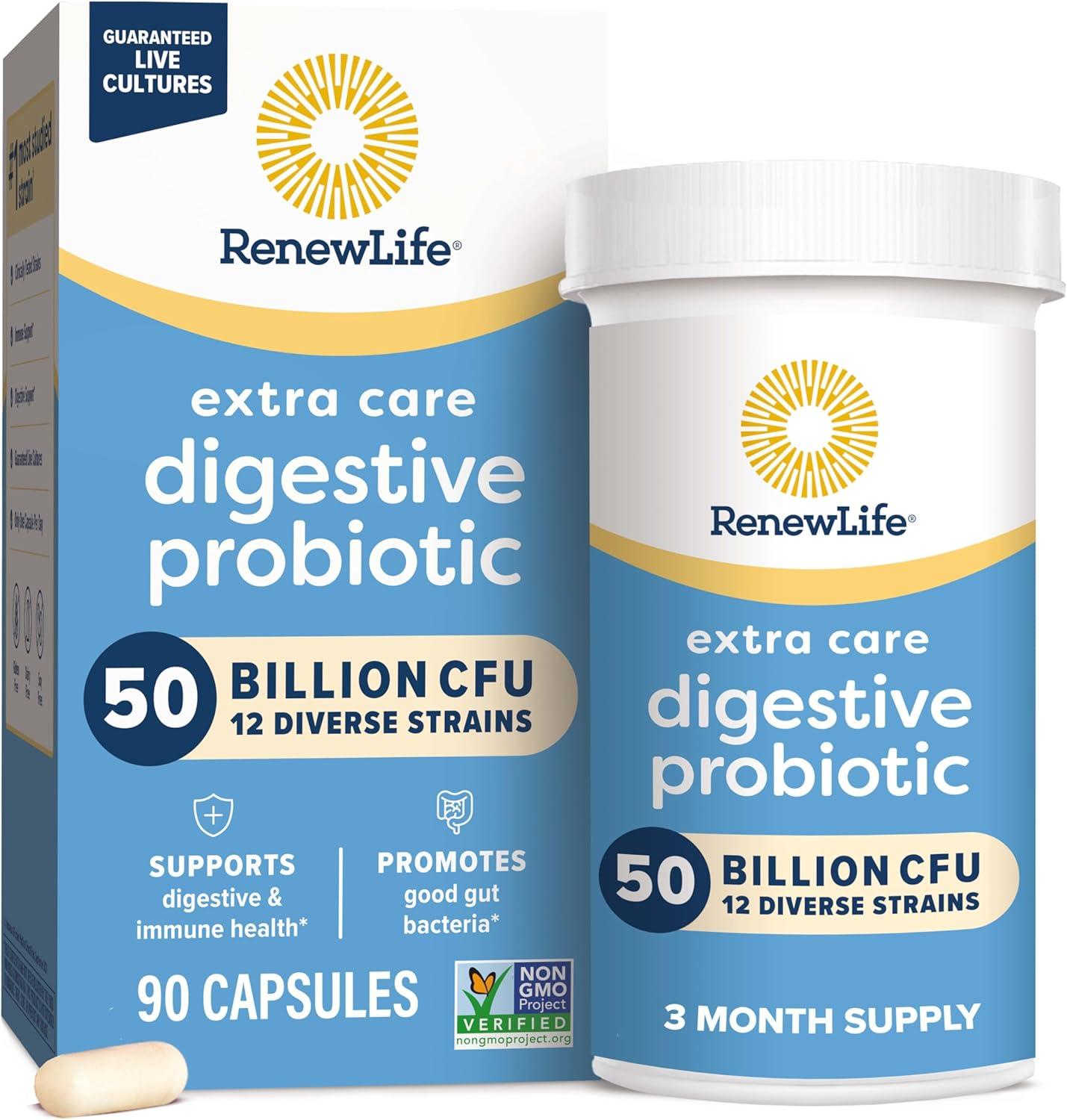 image:imageRenew Life Extra Care Digestive Probiotic Capsules 50 Billion CFU Guaranteed Daily Supplement Supports Immune Digestive Respiratory Health1 L Rhamnosus GG Dairy Soy and GlutenFree 30 Count50 Billion CFU