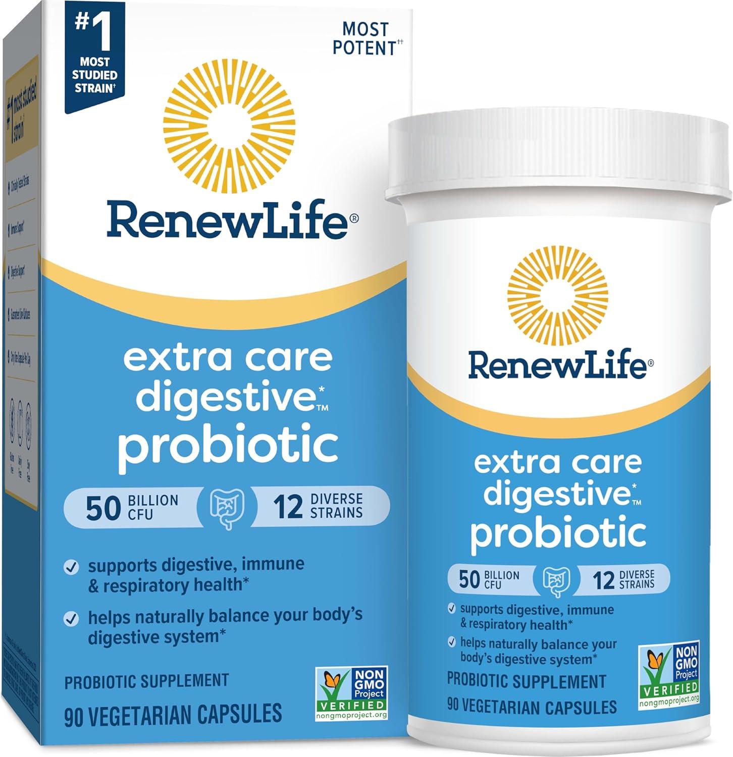 image:imageRenew Life Extra Care Digestive Probiotic Capsules 50 Billion CFU Guaranteed Daily Supplement Supports Immune Digestive Respiratory Health1 L Rhamnosus GG Dairy Soy and GlutenFree 30 Count50 Billion CFU