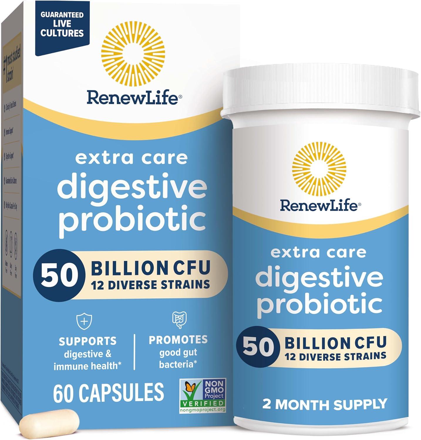 image:imageRenew Life Extra Care Digestive Probiotic Capsules 50 Billion CFU Guaranteed Daily Supplement Supports Immune Digestive Respiratory Health1 L Rhamnosus GG Dairy Soy and GlutenFree 30 Count50 Billion CFU