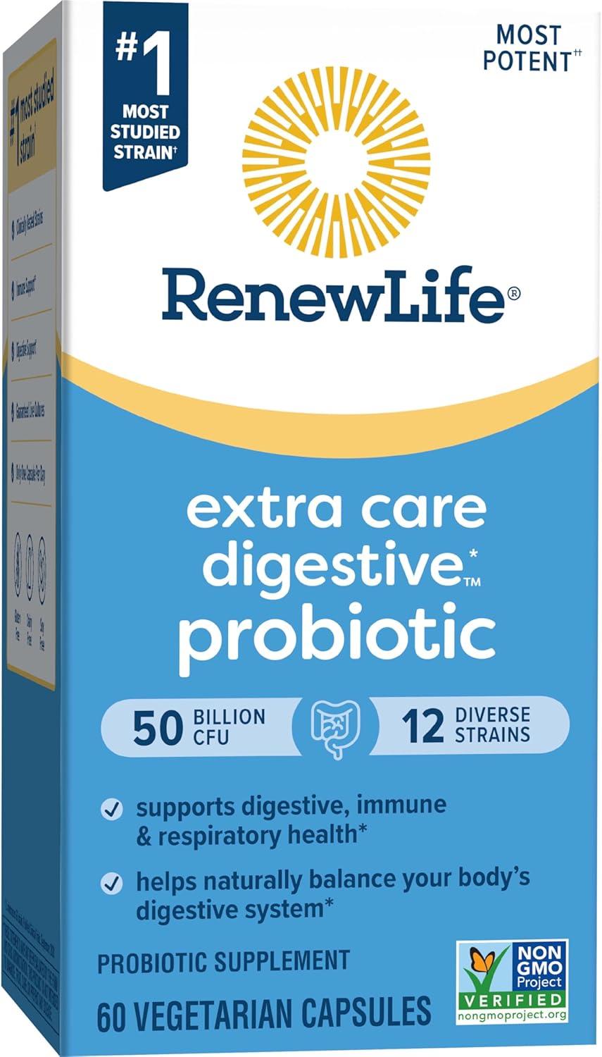 image:imageRenew Life Extra Care Digestive Probiotic Capsules 50 Billion CFU Guaranteed Daily Supplement Supports Immune Digestive Respiratory Health1 L Rhamnosus GG Dairy Soy and GlutenFree 30 Count50 Billion CFU