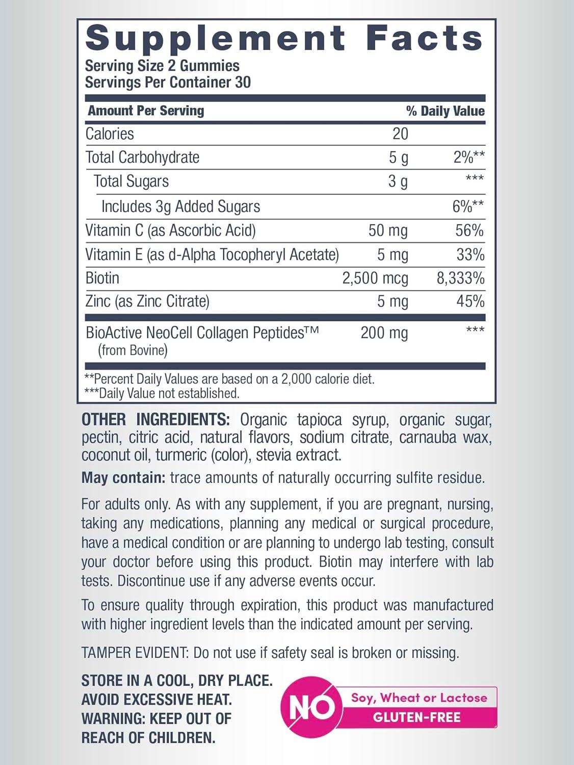image:imageNeoCell Hair Skin and Nails Gummies 60 Count Collagen Peptides Plus Biotin with Vitamins C and E Advanced Beauty Builder Formula for Women and Men