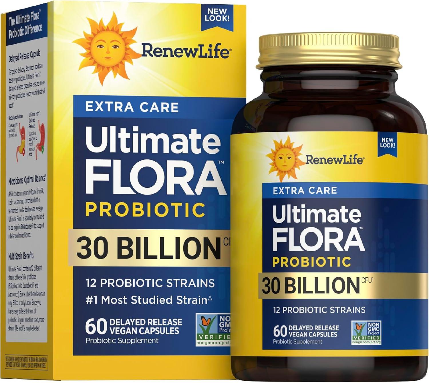 image:imageRenew Life Adult Probiotics 30 Billion CFU Guaranteed 12 Strains For Men amp Women Shelf Stable Gluten Dairy amp Soy Free Ultimate Flora Extra Care 60 Count Pack of 130 Billion CFU