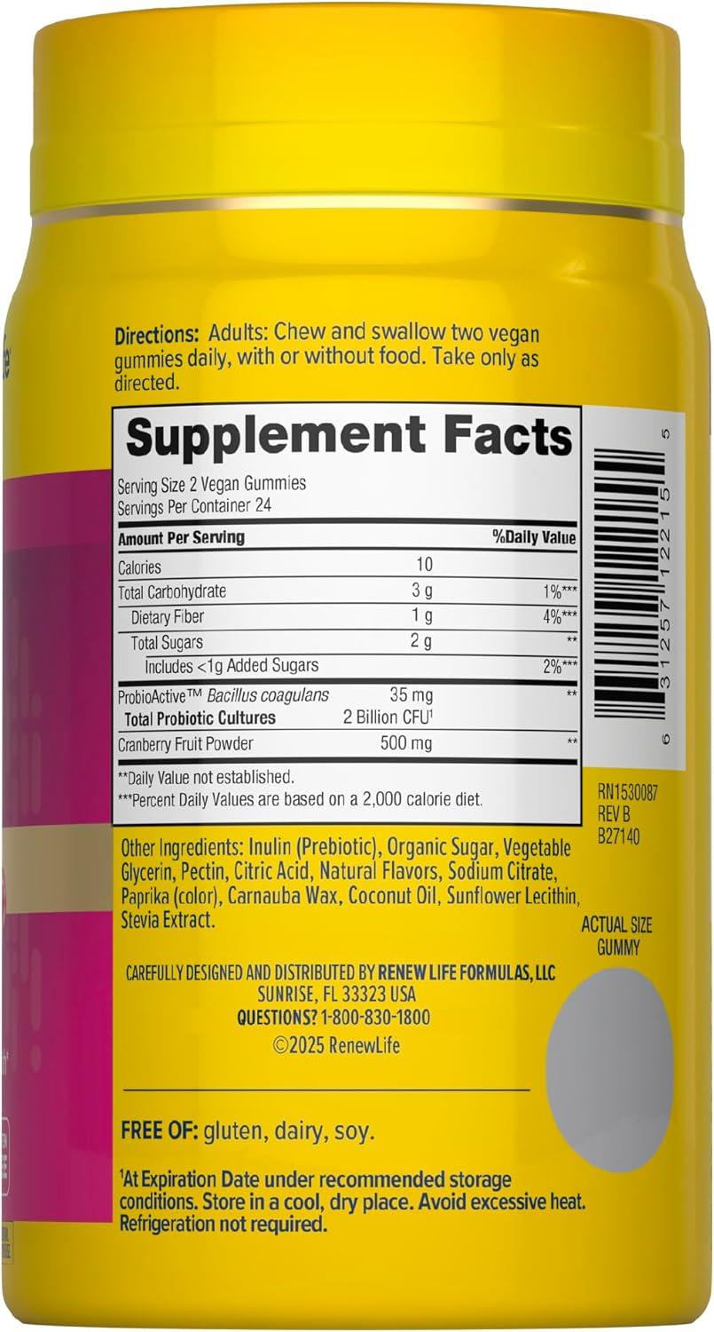 image:imageRenew Life Womens Care Cherry Prebiotic and Probiotic Gummies Digestive Urinary Tract and Immune Health B Coagulans and B Subtilis Dairy Soy and glutenfree 2 Billion CFU 48 Count